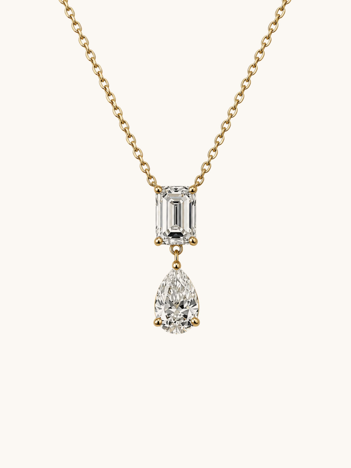 Emerald cut and pear lab diamond pendant necklace in 14k yellow gold