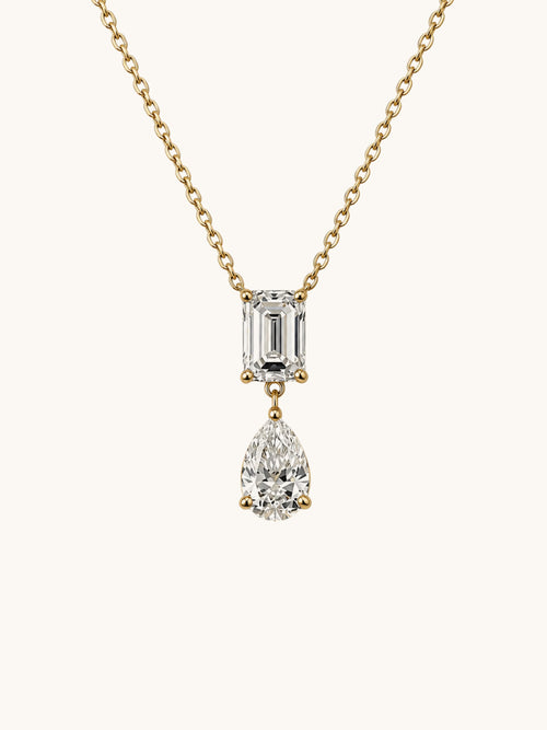 Emerald cut and pear lab diamond pendant necklace in 14k yellow gold