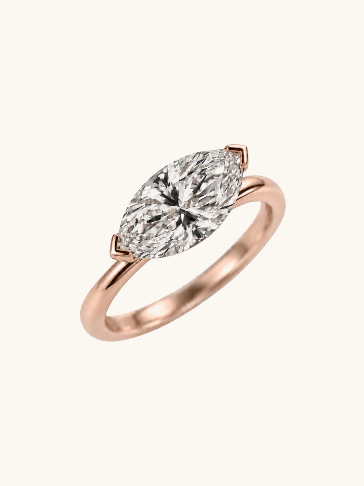 East-west marquise lab diamond ring with V prongs in 14k rose gold