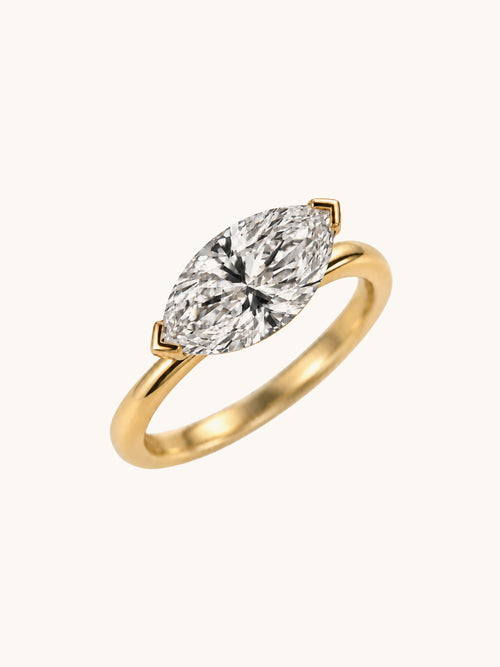 East-west marquise lab diamond ring with V prongs in 14k yellow gold