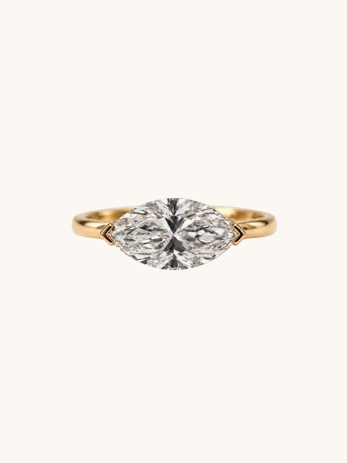 East-west marquise lab diamond ring in 14k yellow gold, top view