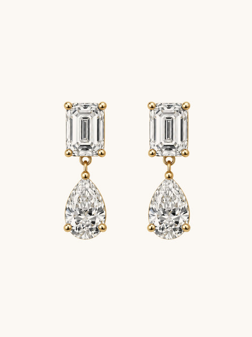 Emerald cut and pear lab diamond drop earrings in 14k yellow gold, front view