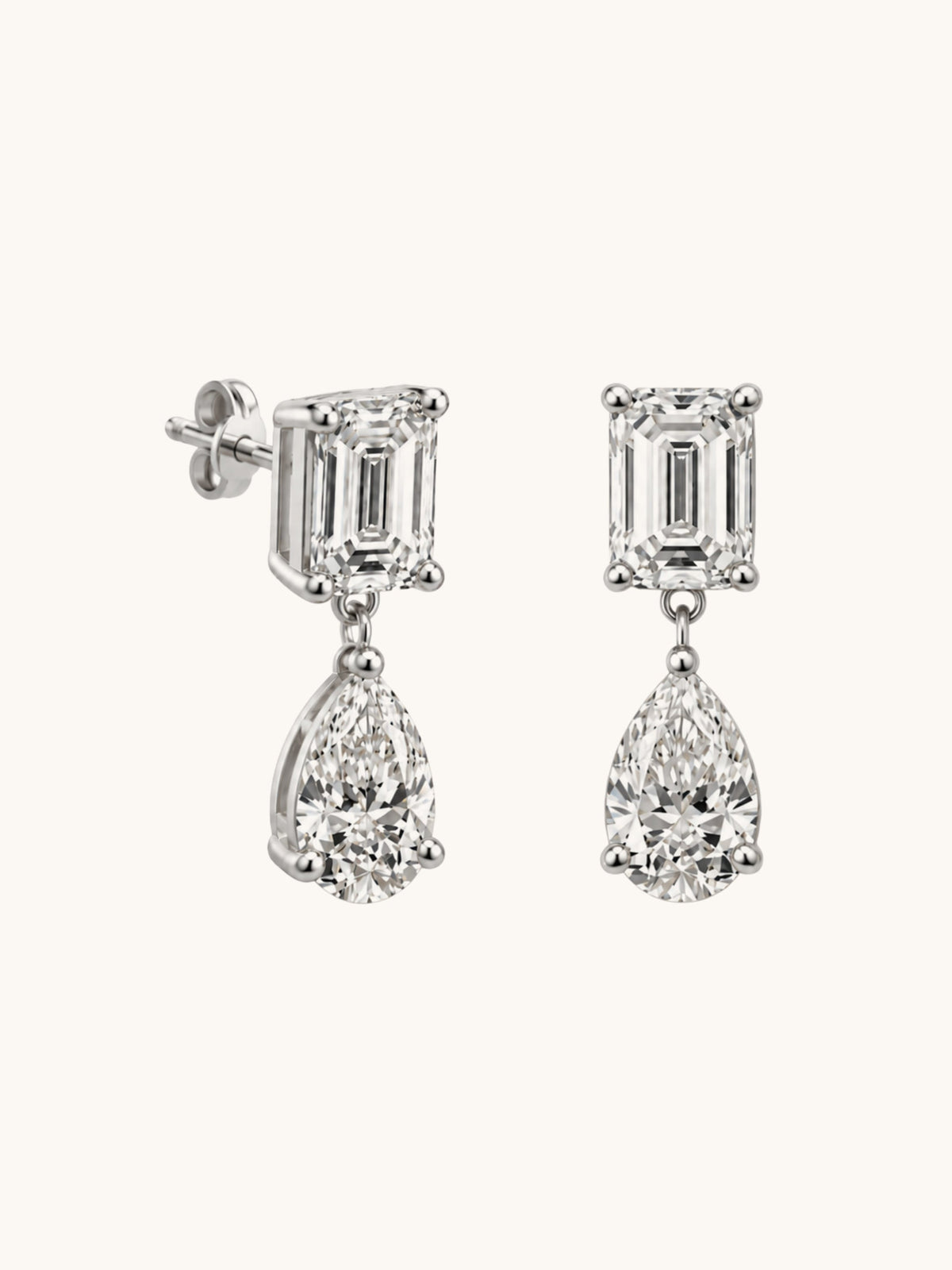 Emerald cut and pear lab diamond drop earrings in 14k white gold