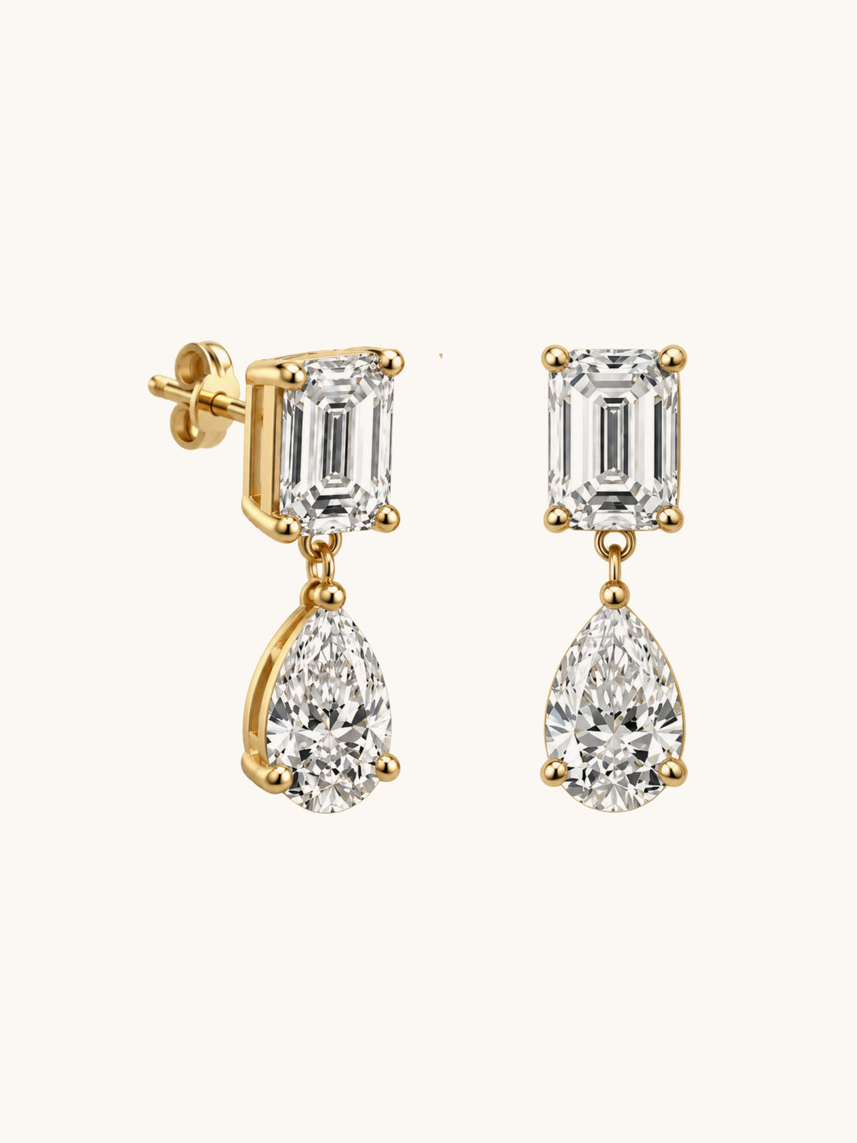 Emerald cut and pear lab diamond drop earrings in 14k yellow gold